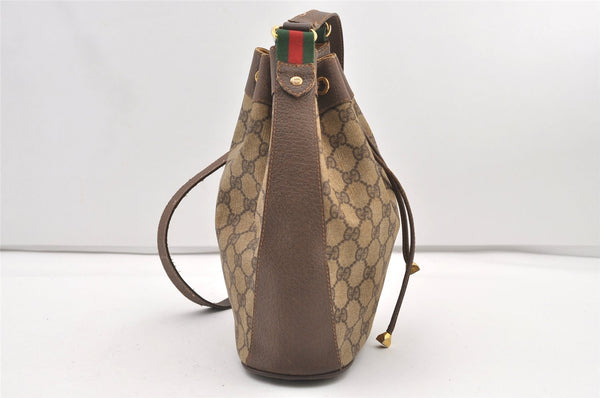 Authentic GUCCI Web Sherry Line Drawstring Bag GG PVC Leather Brown Junk 2712J
