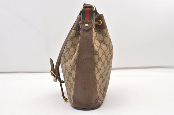 Authentic GUCCI Web Sherry Line Drawstring Bag GG PVC Leather Brown Junk 2712J