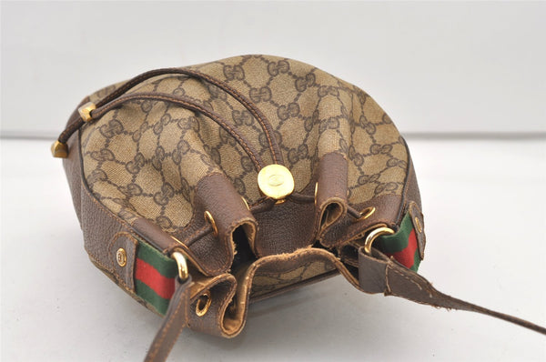 Authentic GUCCI Web Sherry Line Drawstring Bag GG PVC Leather Brown Junk 2712J