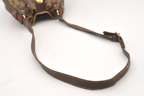 Authentic GUCCI Web Sherry Line Drawstring Bag GG PVC Leather Brown Junk 2712J