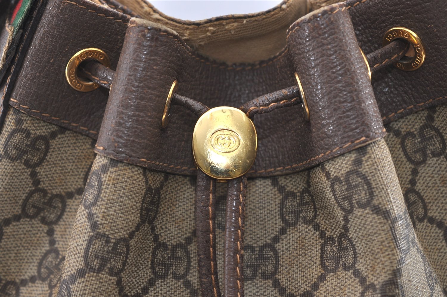 Authentic GUCCI Web Sherry Line Drawstring Bag GG PVC Leather Brown Junk 2712J