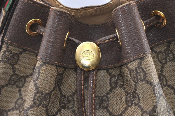Authentic GUCCI Web Sherry Line Drawstring Bag GG PVC Leather Brown Junk 2712J