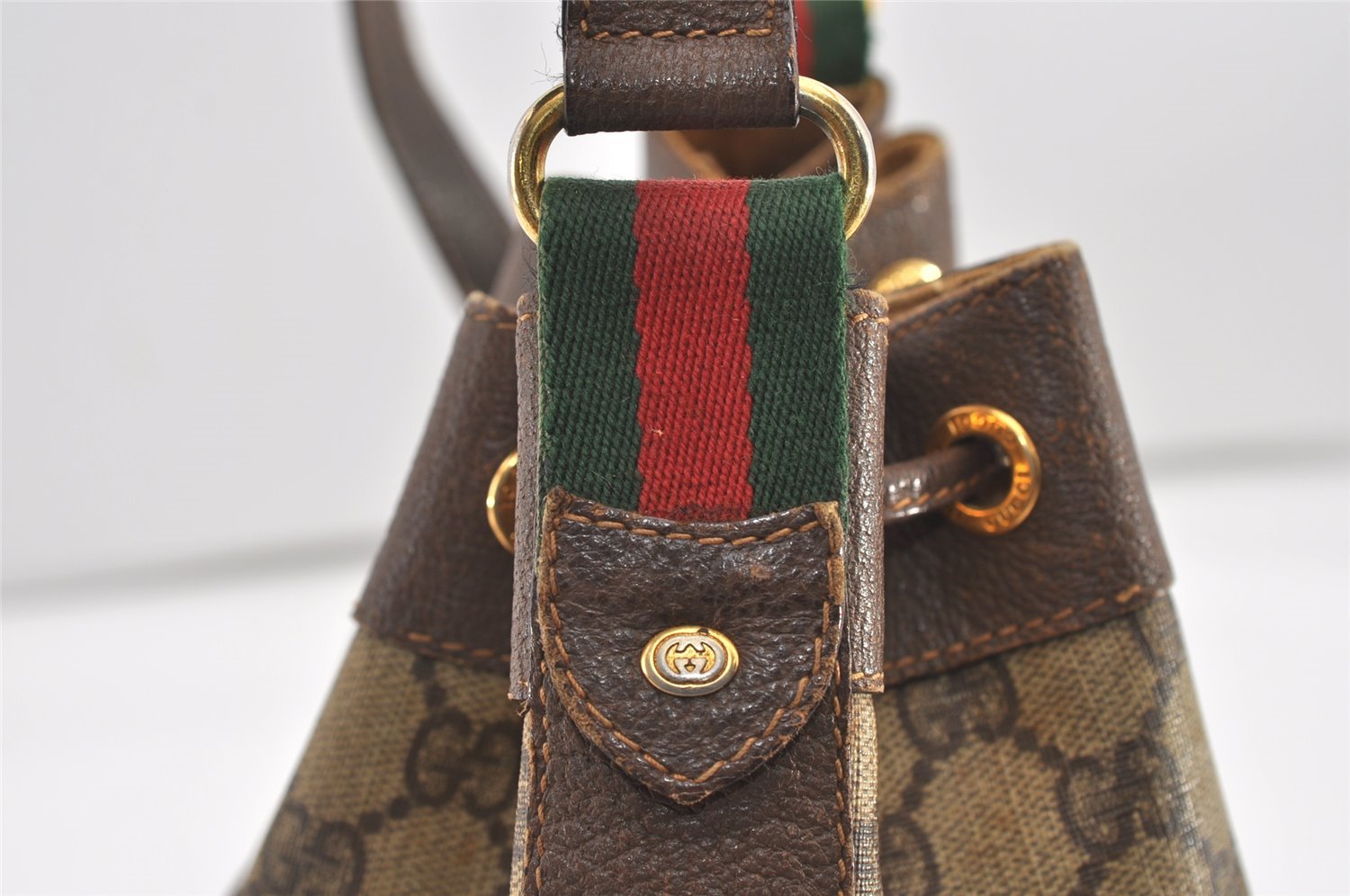 Authentic GUCCI Web Sherry Line Drawstring Bag GG PVC Leather Brown Junk 2712J