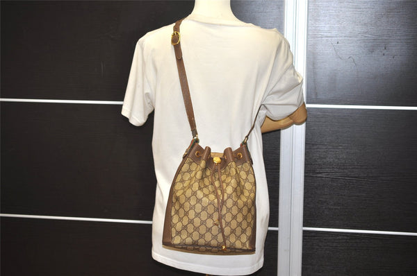 Authentic GUCCI Web Sherry Line Drawstring Bag GG PVC Leather Brown Junk 2712J