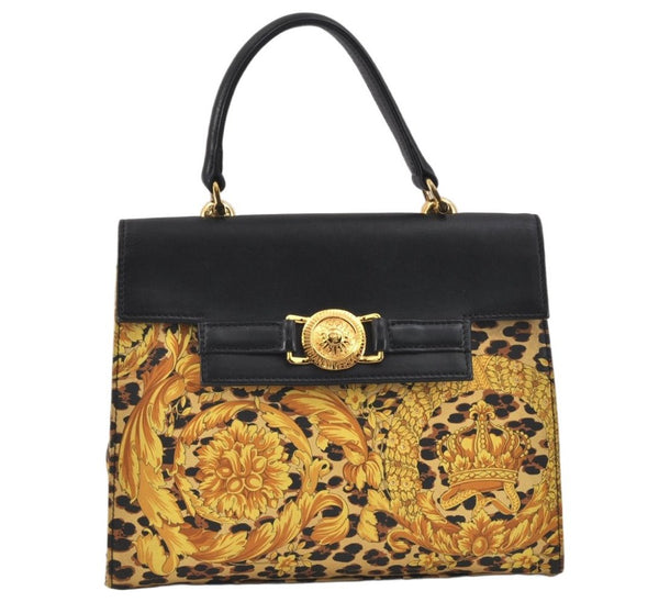 Auth Gianni Versace Sunburst Flower Leopard Nylon Leather Hand Bag Yellow 2713K