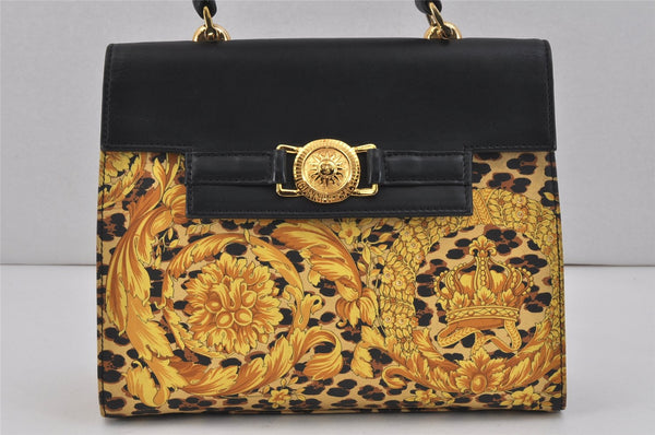 Auth Gianni Versace Sunburst Flower Leopard Nylon Leather Hand Bag Yellow 2713K