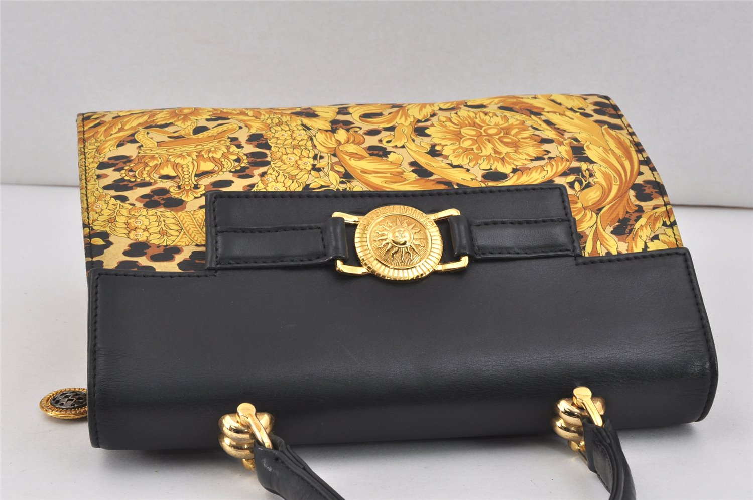 Auth Gianni Versace Sunburst Flower Leopard Nylon Leather Hand Bag Yellow 2713K