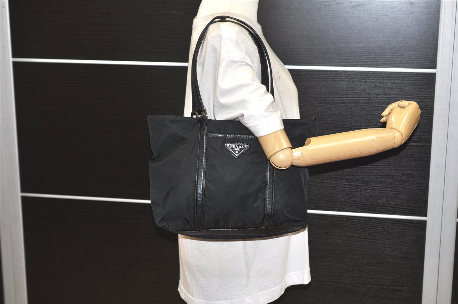 Authentic PRADA Nylon Tessuto Saffiano Leather Shoulder Tote Bag Black 2715K