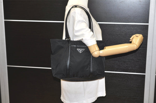 Authentic PRADA Nylon Tessuto Saffiano Leather Shoulder Tote Bag Black 2715K