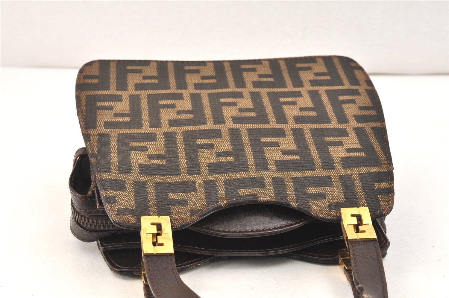 Authentic FENDI Vintage Zucca Hand Bag Purse Canvas Leather Brown 2719K