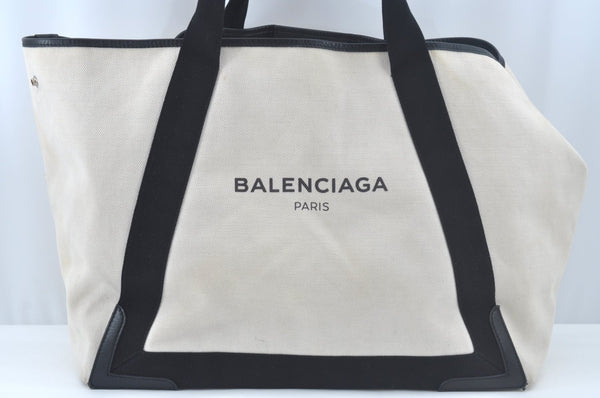 Authentic BALENCIAGA Navy Caba M Tote Hand Bag Canvas Leather White Black 2721K