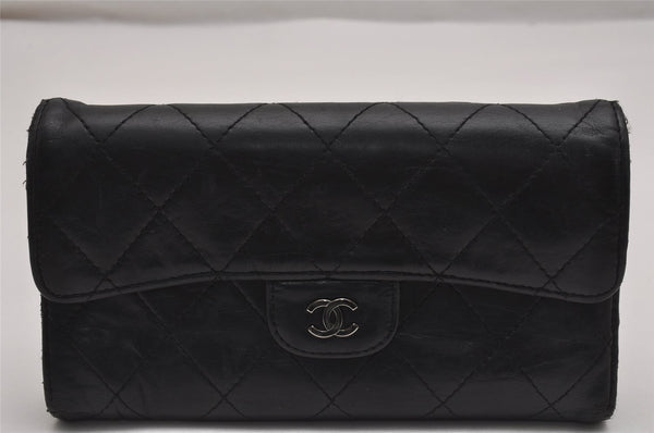 Authentic CHANEL Calf Skin Matelasse Long Wallet Purse CC Logo Black 2727J