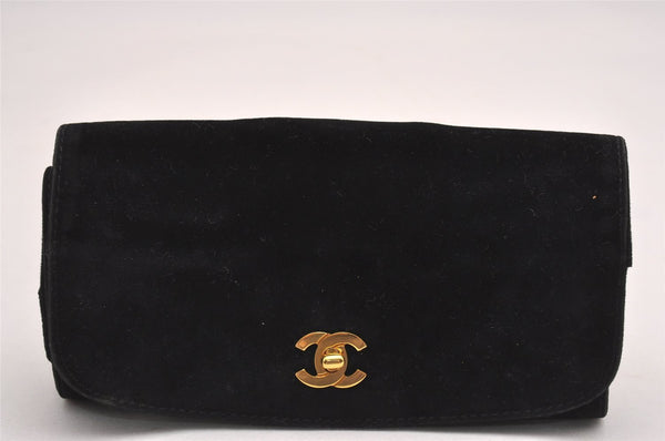 Authentic CHANEL Turnlock Velour CC Logo Cosmetic Jewelry Pouch Black 2728J