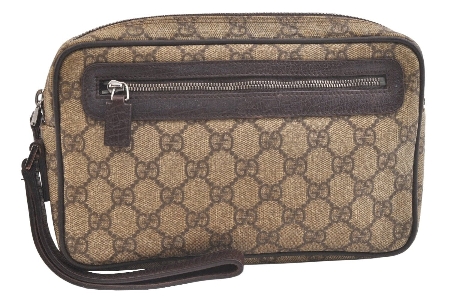 Authentic GUCCI Vintage Clutch Hand Bag Purse GG PVC Leather Brown 2728K