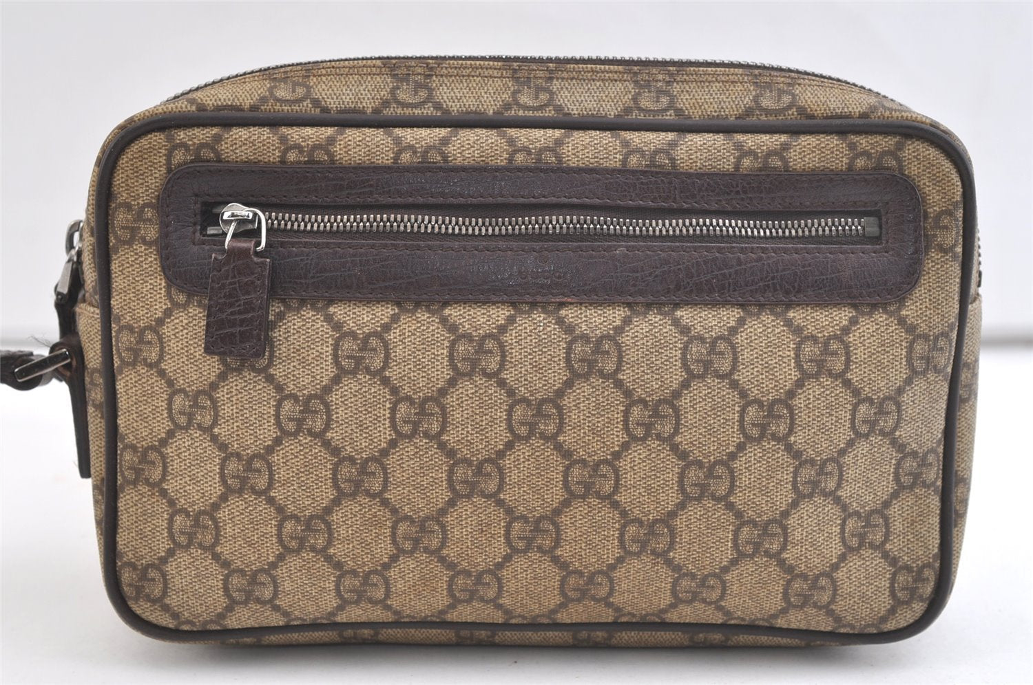 Authentic GUCCI Vintage Clutch Hand Bag Purse GG PVC Leather Brown 2728K