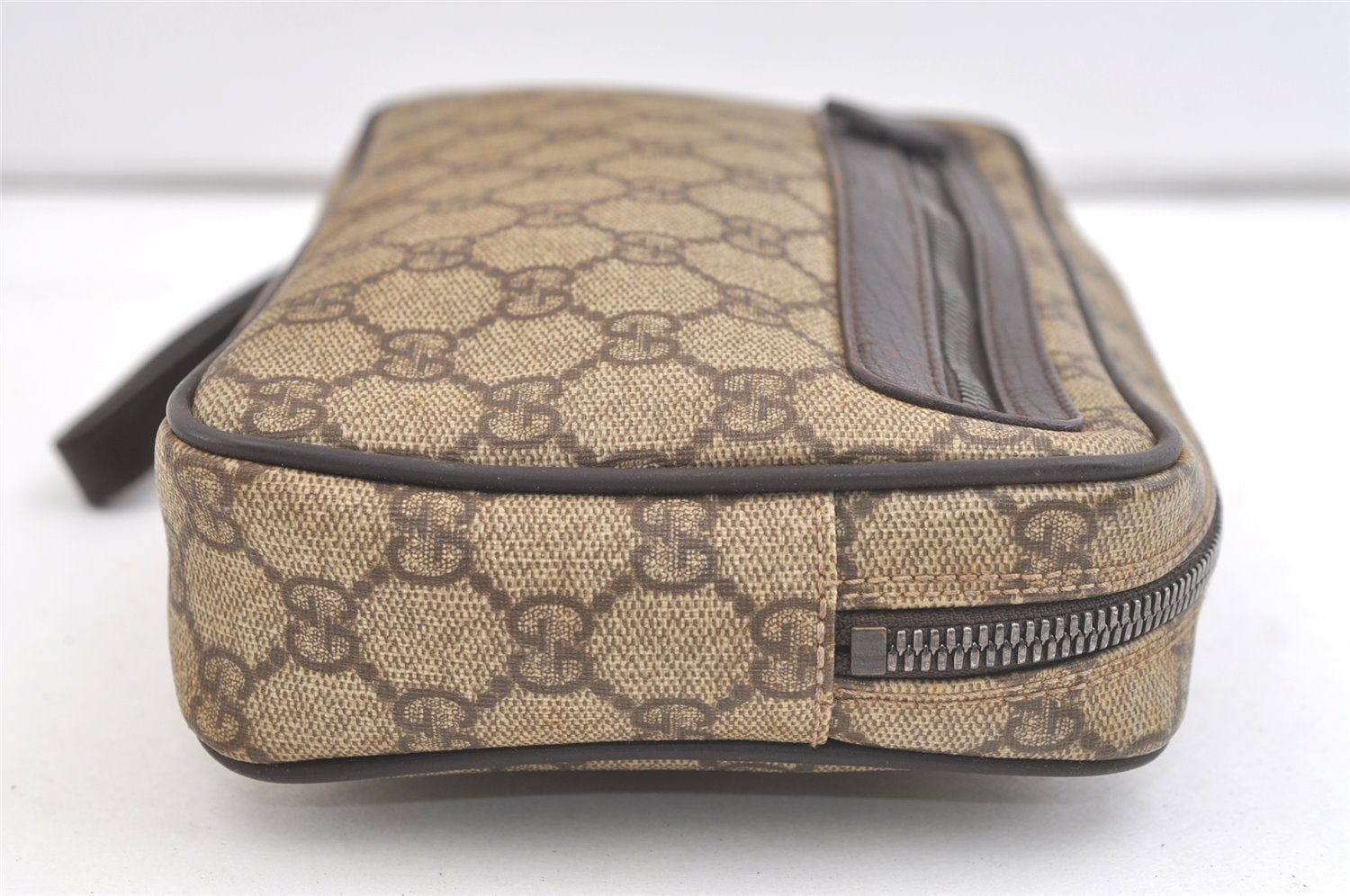 Authentic GUCCI Vintage Clutch Hand Bag Purse GG PVC Leather Brown 2728K