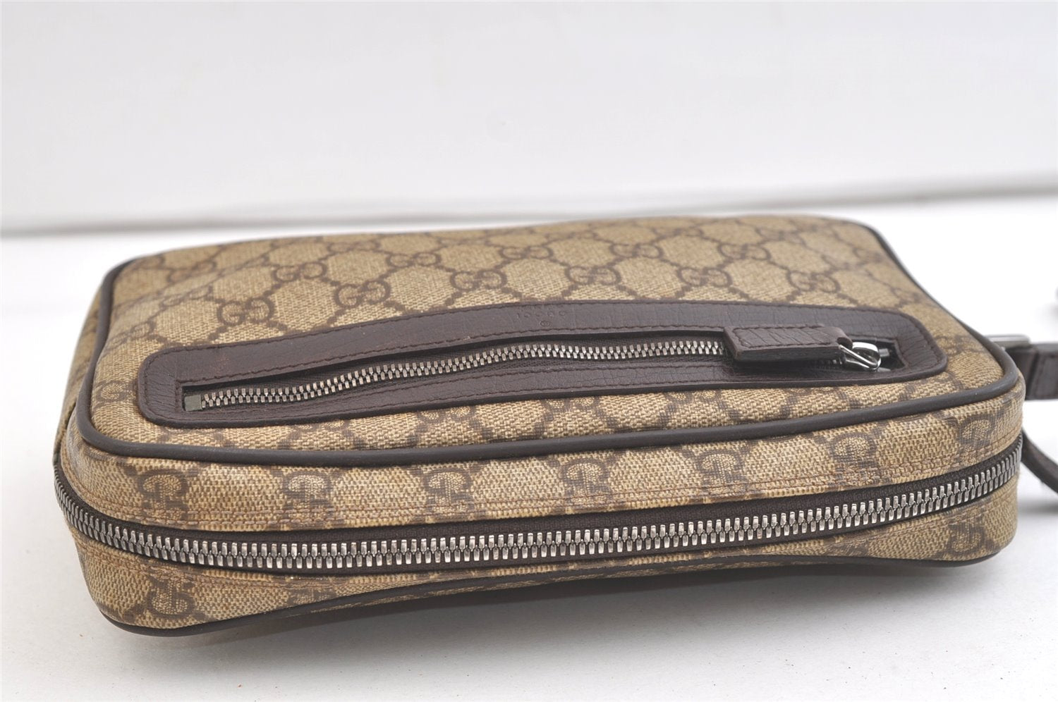Authentic GUCCI Vintage Clutch Hand Bag Purse GG PVC Leather Brown 2728K