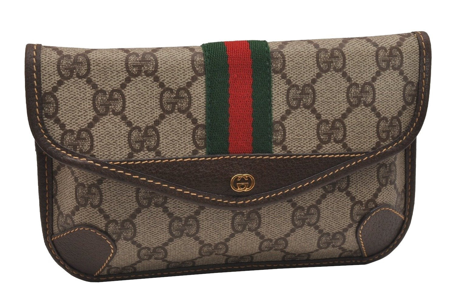 Authentic GUCCI Vintage Web Sherry Line Pouch Purse GG PVC Leather Brown 2729J