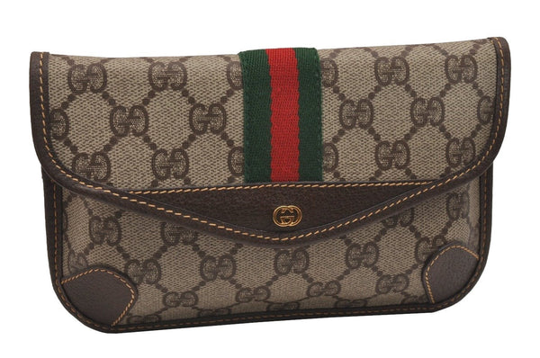 Authentic GUCCI Vintage Web Sherry Line Pouch Purse GG PVC Leather Brown 2729J