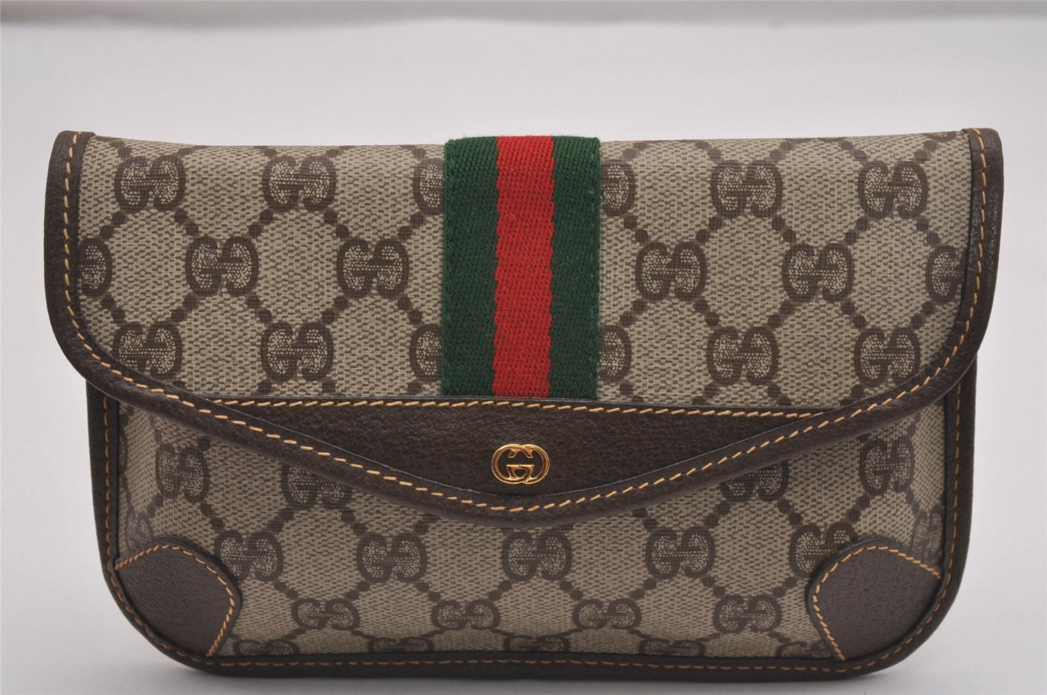 Authentic GUCCI Vintage Web Sherry Line Pouch Purse GG PVC Leather Brown 2729J