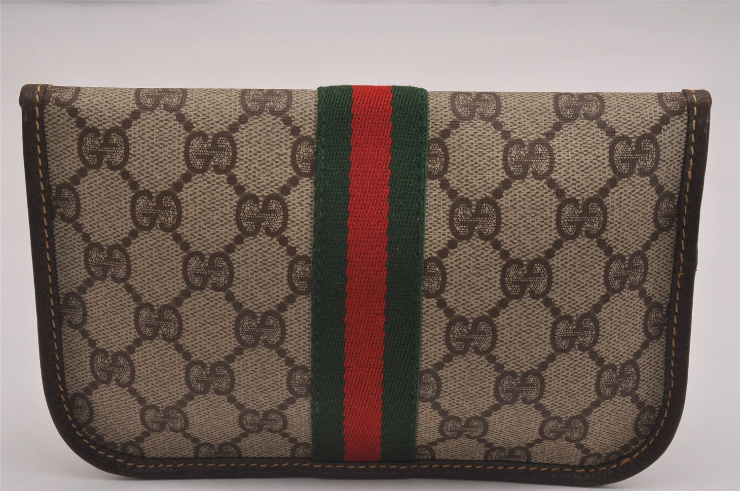 Authentic GUCCI Vintage Web Sherry Line Pouch Purse GG PVC Leather Brown 2729J