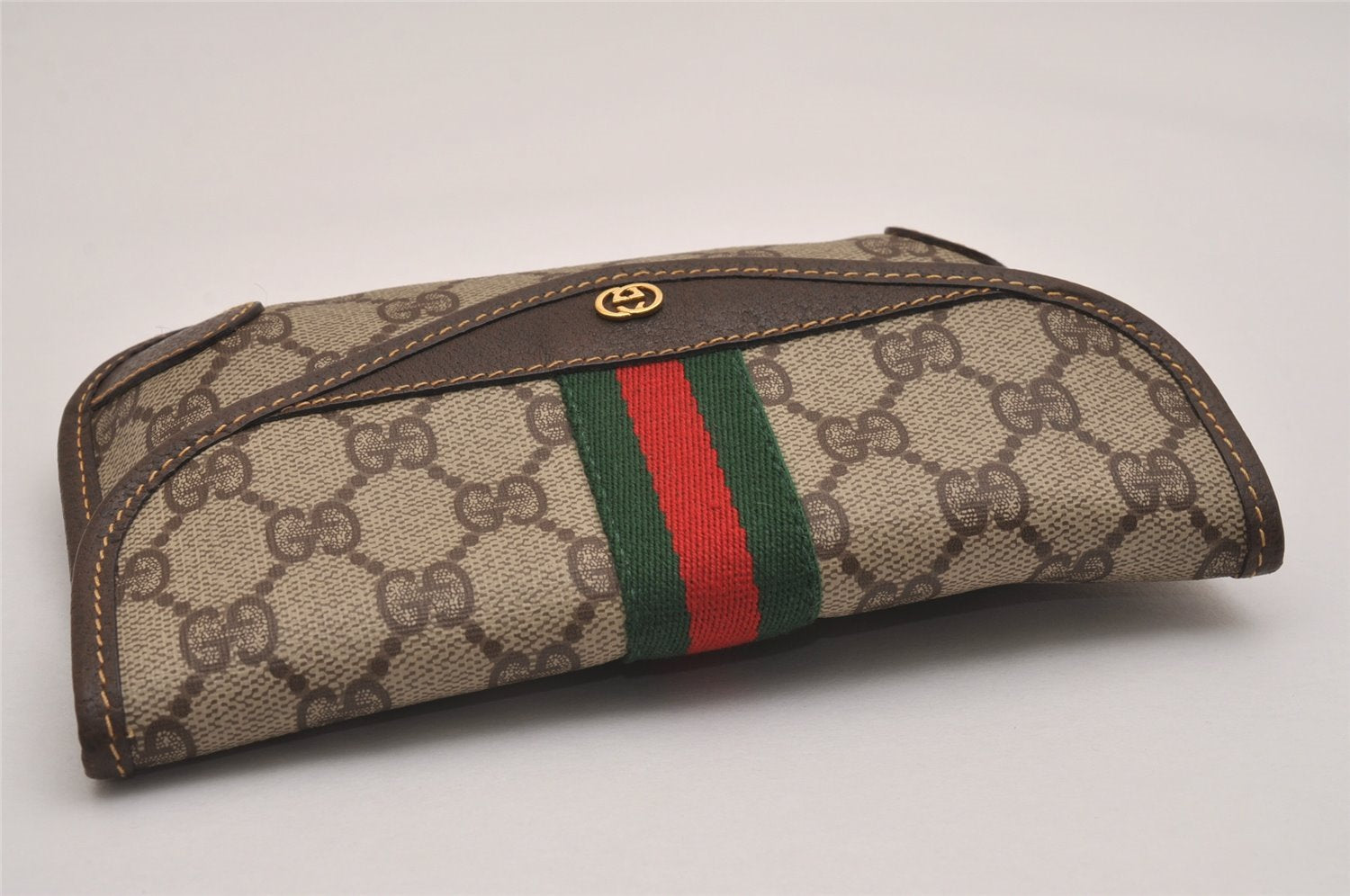 Authentic GUCCI Vintage Web Sherry Line Pouch Purse GG PVC Leather Brown 2729J