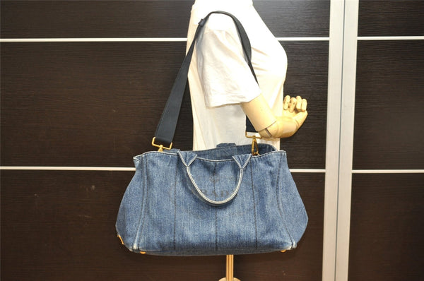 Authentic PRADA DENIM Vintage Canapa M 2Way Shoulder Hand Bag B2642B Blue 2730I