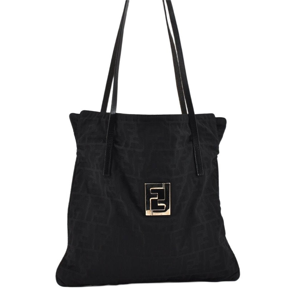 Authentic FENDI Vintage Zucca Shoulder Tote Bag Nylon Leather Black 2735K