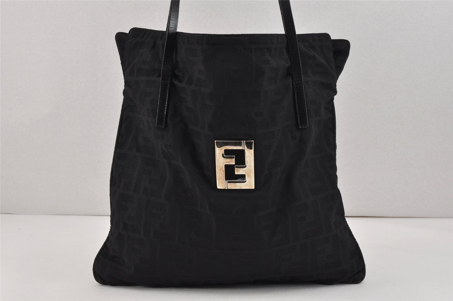 Authentic FENDI Vintage Zucca Shoulder Tote Bag Nylon Leather Black 2735K