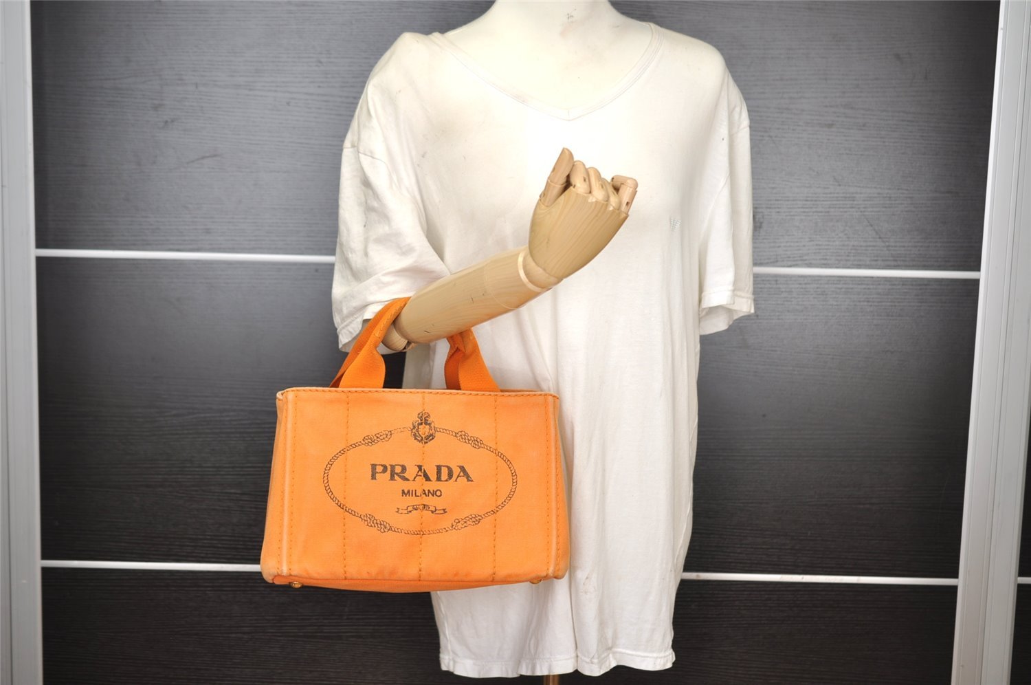 Authentic PRADA Vintage Canapa SS Canvas Hand Tote Bag Purse Orange 2736I