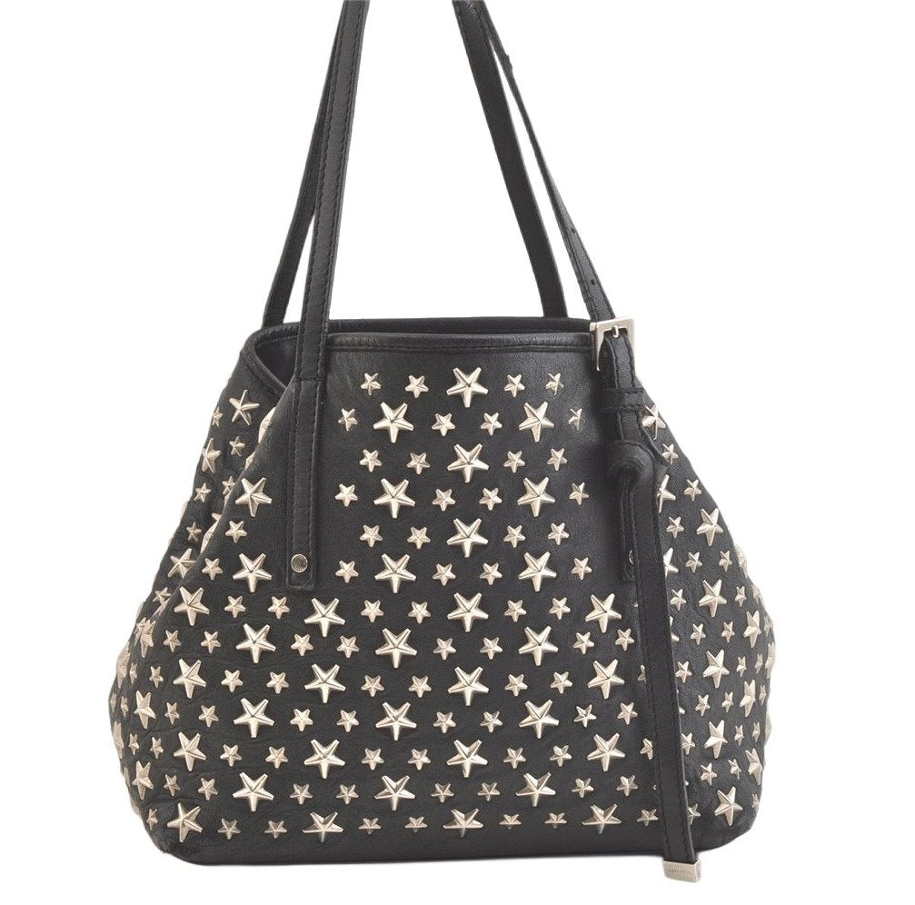 Authentic JIMMY CHOO Vintage Star Studs Leather Shoulder Tote Bag Black 2736K