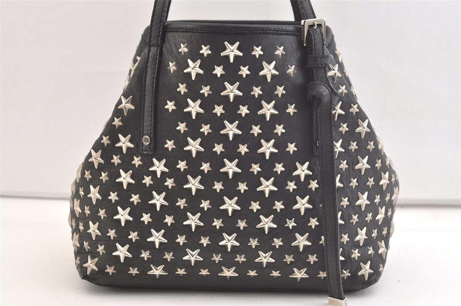 Authentic JIMMY CHOO Vintage Star Studs Leather Shoulder Tote Bag Black 2736K
