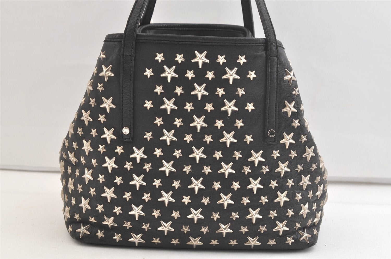 Authentic JIMMY CHOO Vintage Star Studs Leather Shoulder Tote Bag Black 2736K