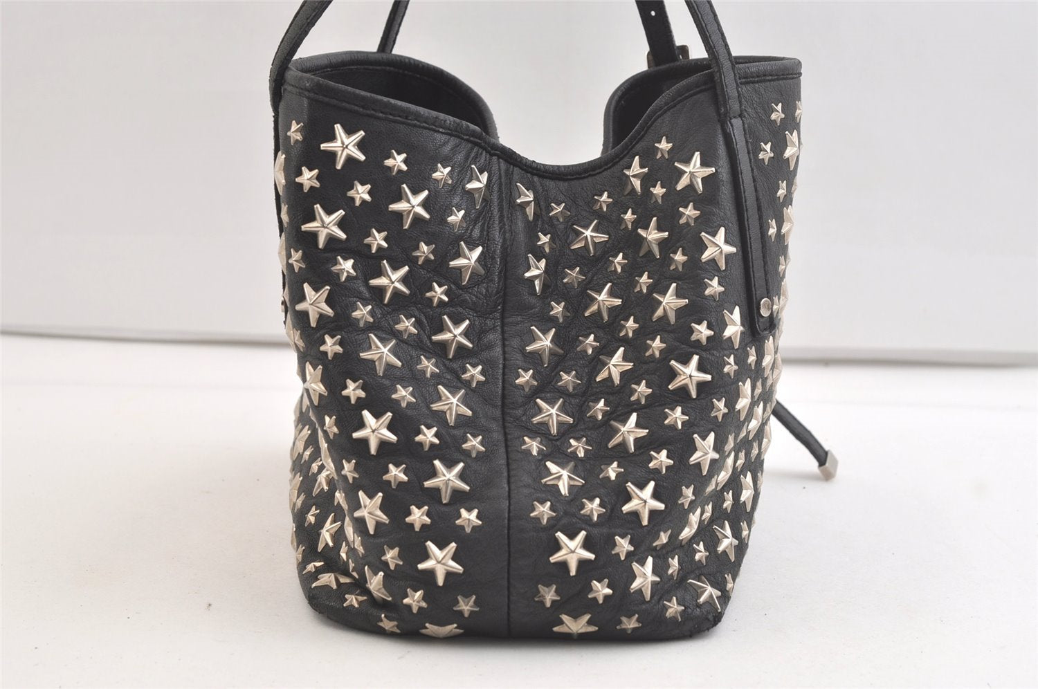 Authentic JIMMY CHOO Vintage Star Studs Leather Shoulder Tote Bag Black 2736K