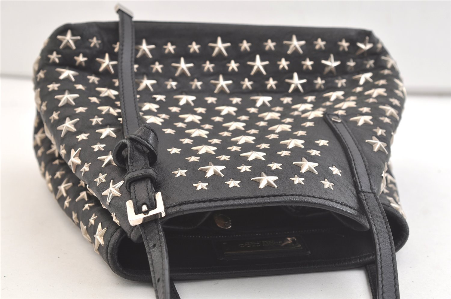 Authentic JIMMY CHOO Vintage Star Studs Leather Shoulder Tote Bag Black 2736K