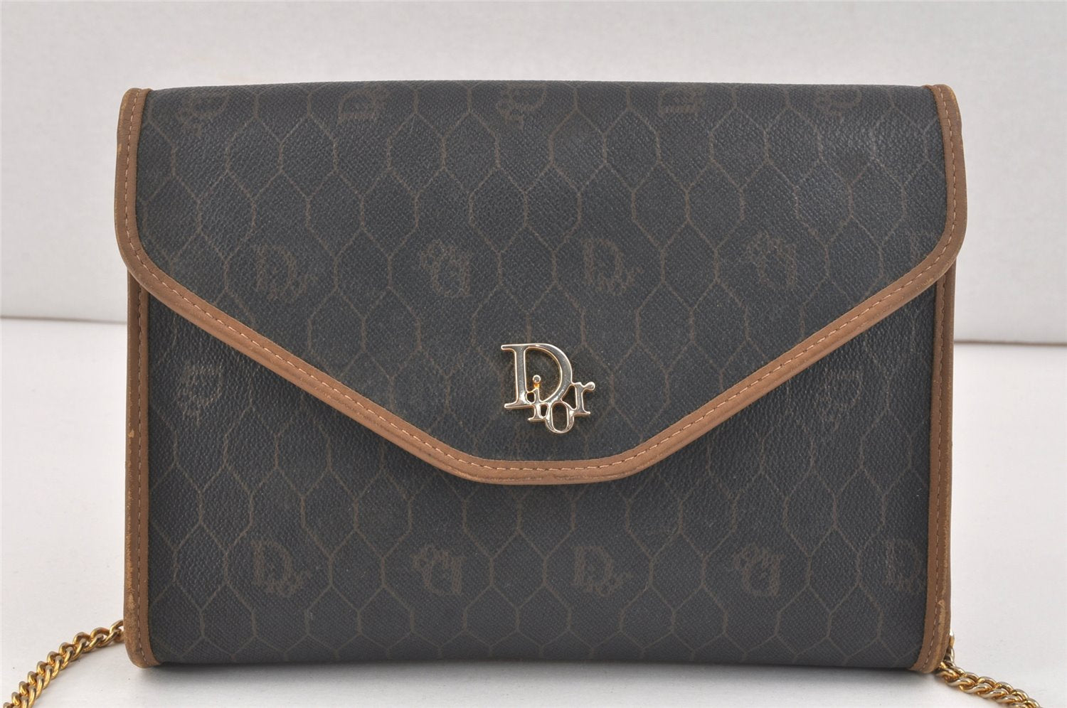 Authentic Christian Dior Honeycomb Shoulder Bag Chain PVC Leather Black 2740K