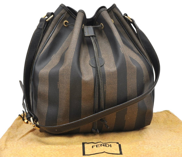 Authentic FENDI Pequin Shoulder Cross Drawstring Bag PVC Leather Brown 2745K