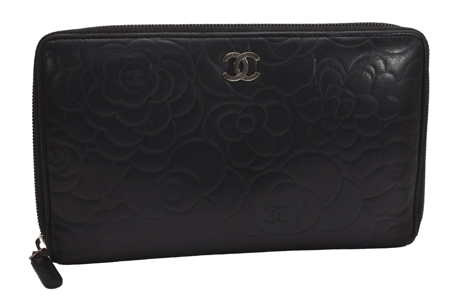 Authentic CHANEL Camellia Calf Skin Round Zip Long Wallet Purse Black 2747J