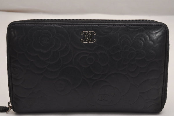 Authentic CHANEL Camellia Calf Skin Round Zip Long Wallet Purse Black 2747J