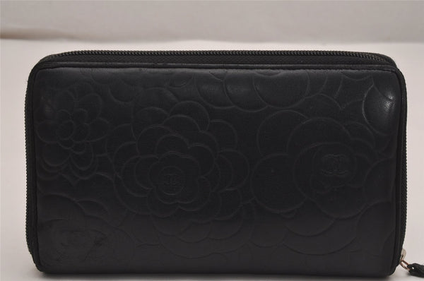 Authentic CHANEL Camellia Calf Skin Round Zip Long Wallet Purse Black 2747J