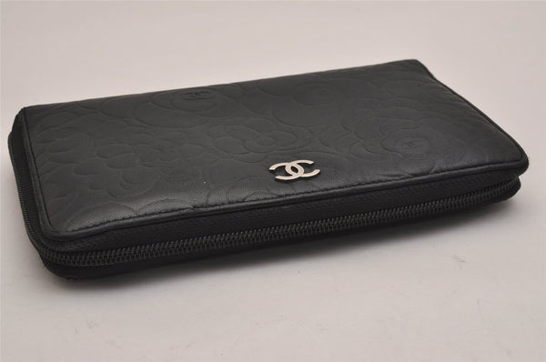 Authentic CHANEL Camellia Calf Skin Round Zip Long Wallet Purse Black 2747J