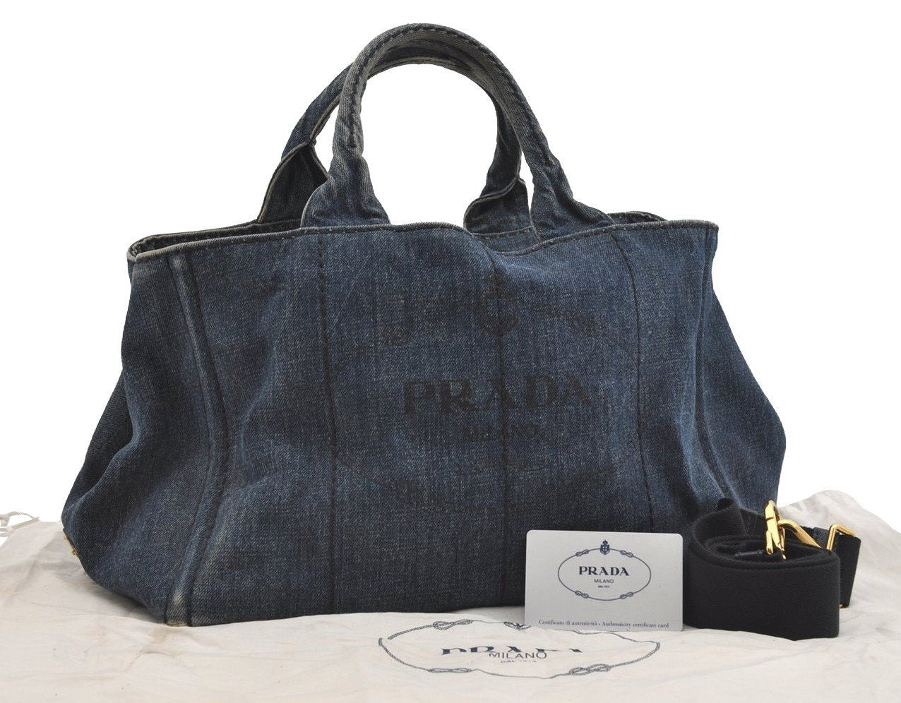 Authentic PRADA DENIM Vintage Canapa M 2Way Shoulder Hand Bag B2642B Blue 2754J