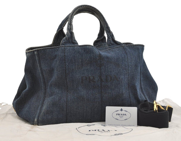 Authentic PRADA DENIM Vintage Canapa M 2Way Shoulder Hand Bag B2642B Blue 2754J