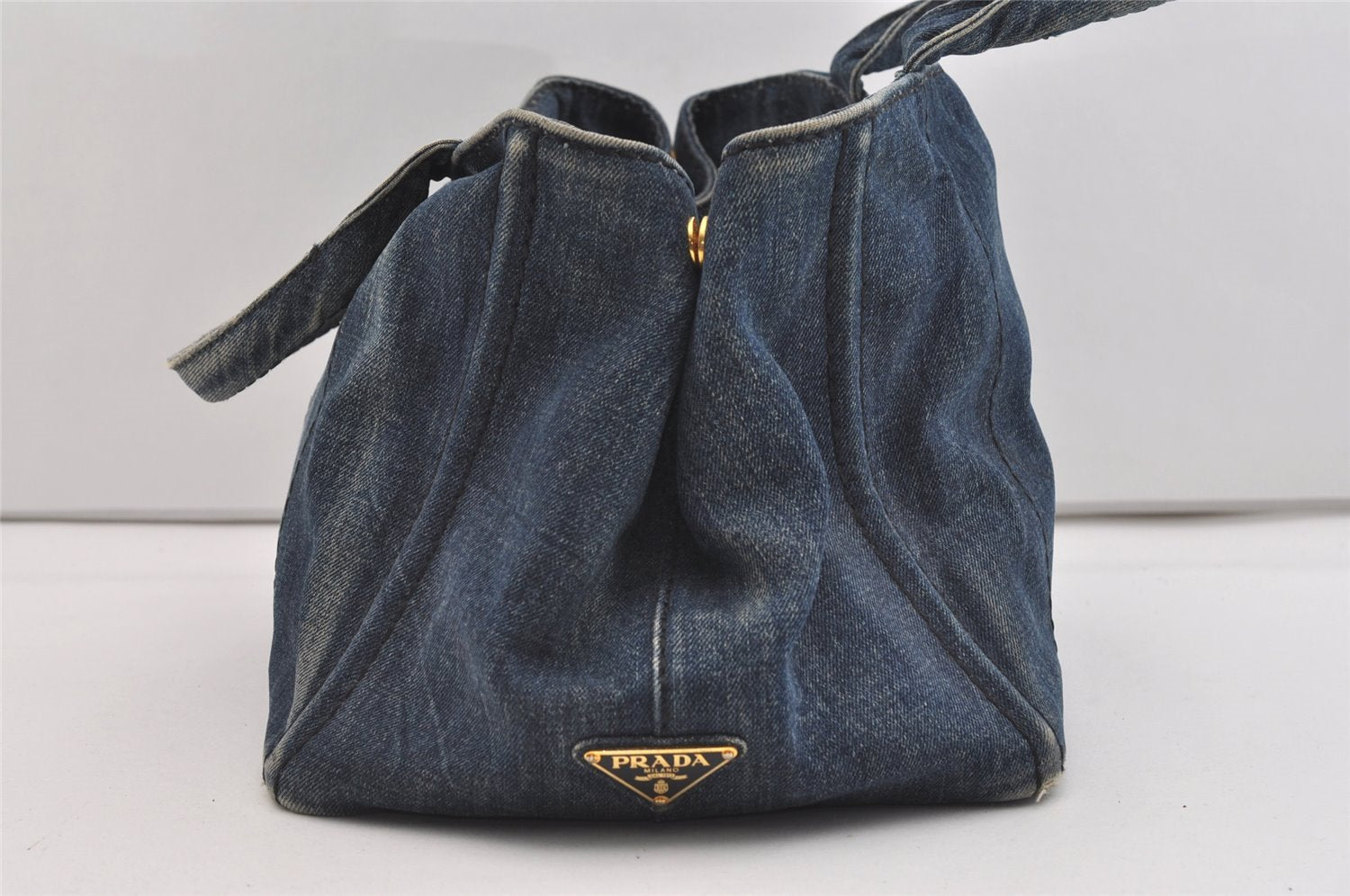 Authentic PRADA DENIM Vintage Canapa M 2Way Shoulder Hand Bag B2642B Blue 2754J