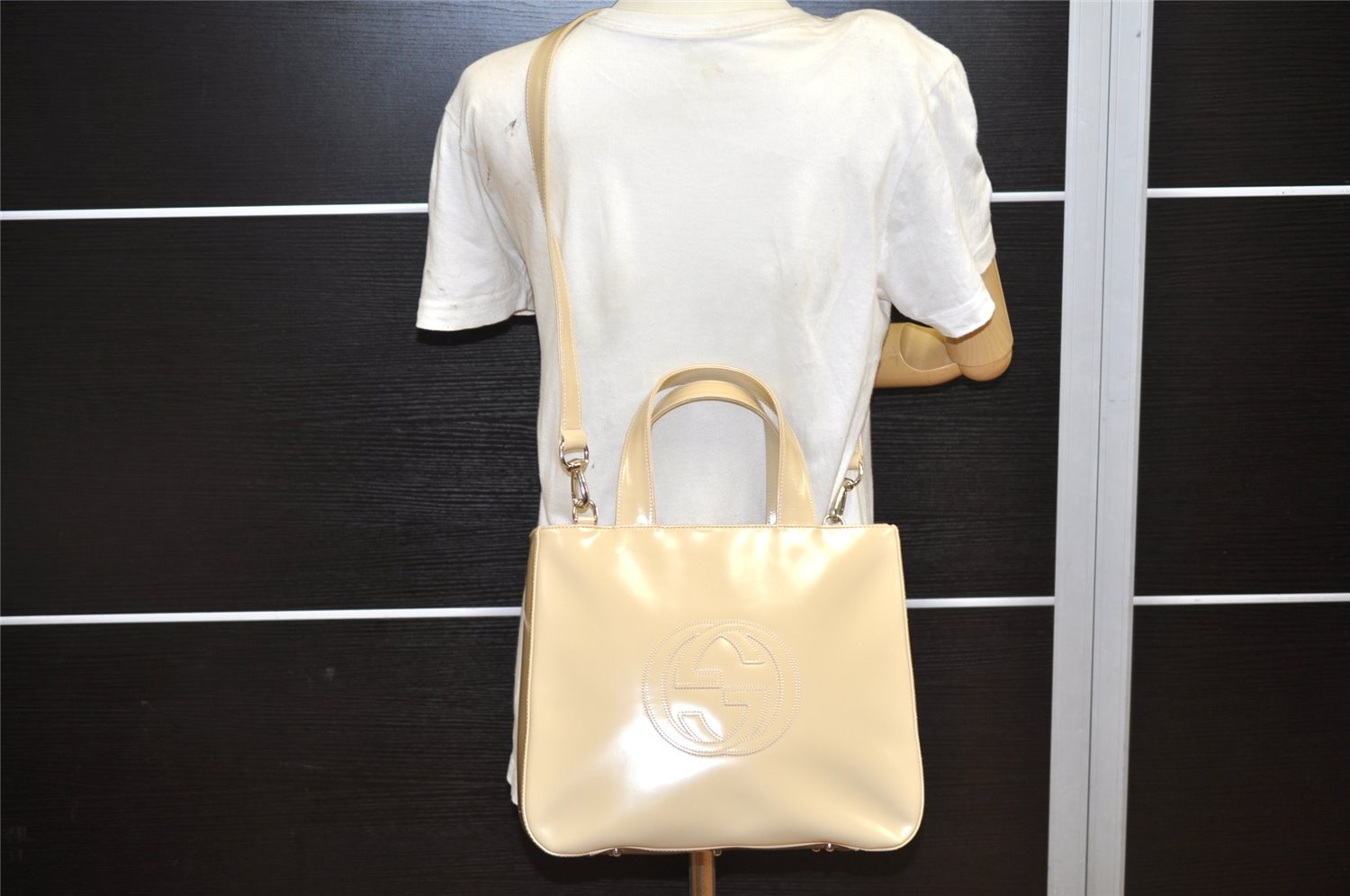 Authentic GUCCI Vintage 2Way Shoulder Tote Bag Enamel Beige Junk 2760K