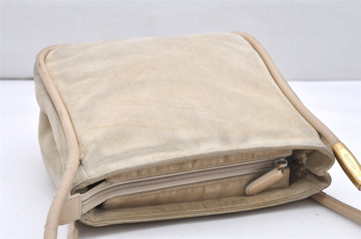 Authentic GUCCI Vintage Shoulder Tote Bag Suede Leather White Cream Junk 2764K