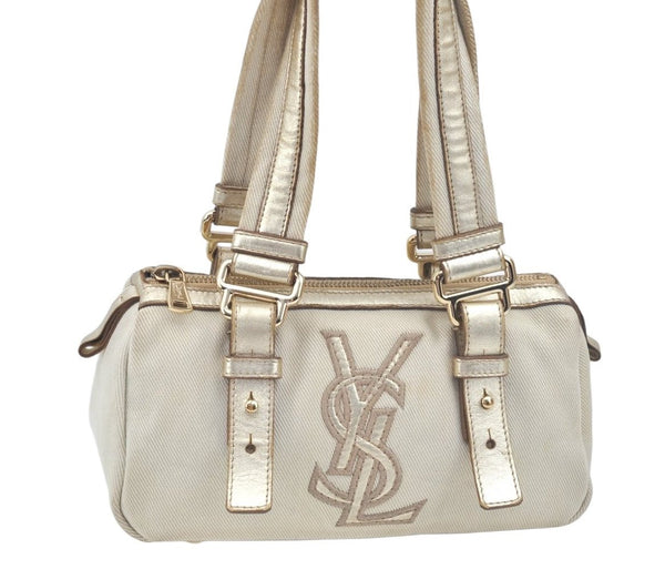 Authentic YVES SAINT LAURENT Kahara Hand Bag Canvas Leather 129475 White 2765J