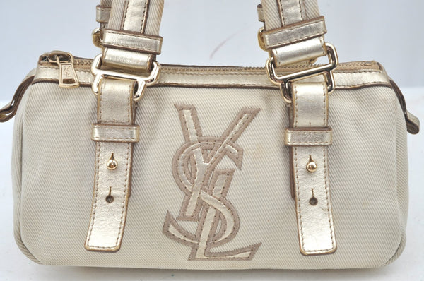 Authentic YVES SAINT LAURENT Kahara Hand Bag Canvas Leather 129475 White 2765J