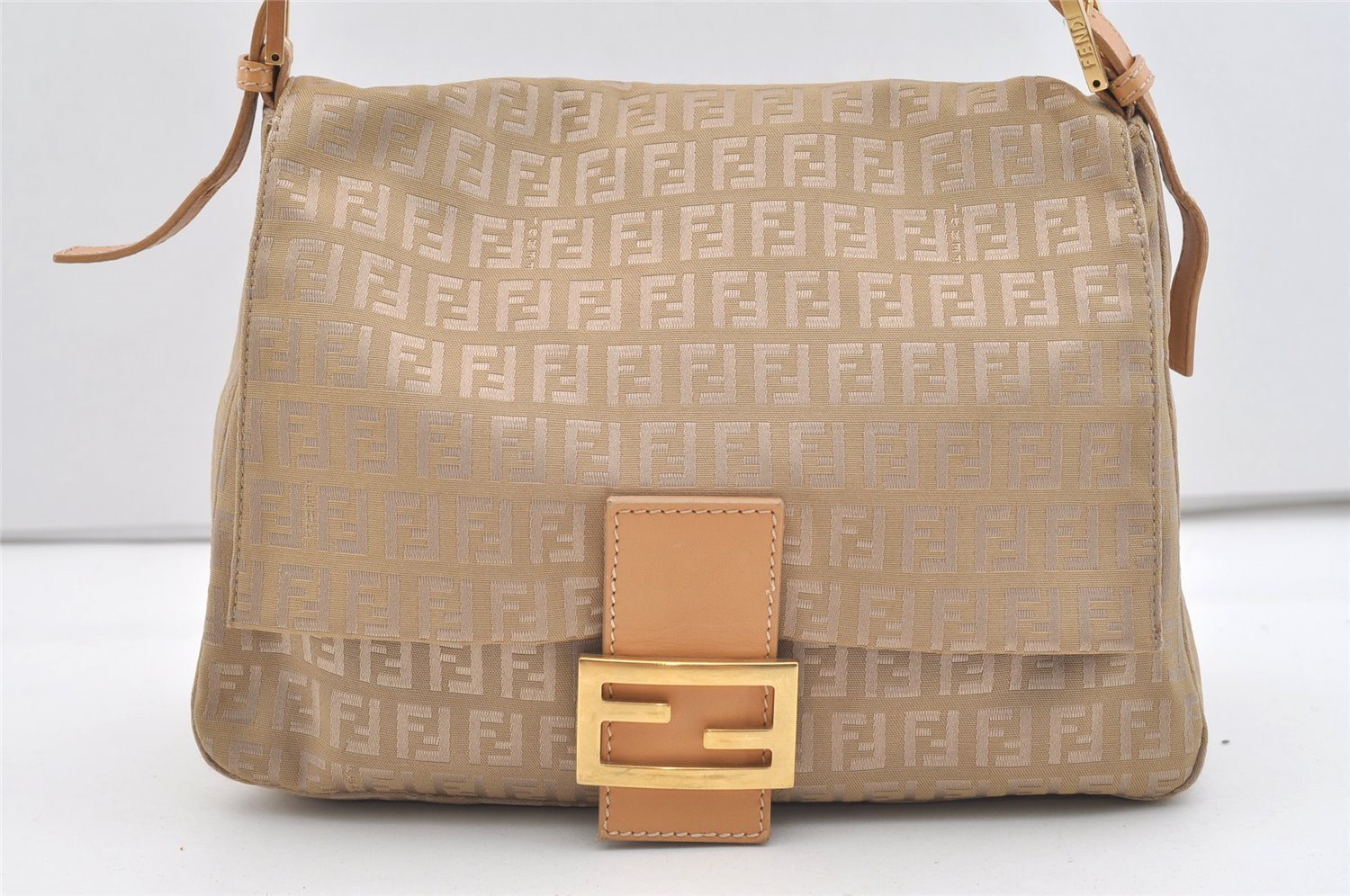 Authentic FENDI Zucchino Mamma Baguette Shoulder Bag Canvas Leather Beige 2769J