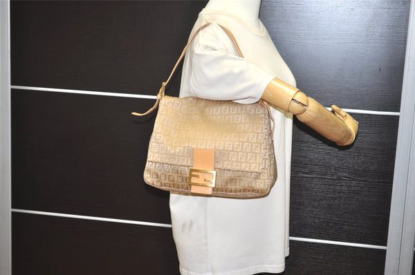 Authentic FENDI Zucchino Mamma Baguette Shoulder Bag Canvas Leather Beige 2769J